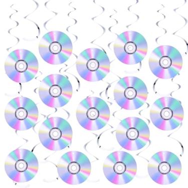 Imagem de LXUEJIE 32 peças de decorações de festa dos anos 90, tema retrô, redemoinhos, CD disco recortado, decoração de parede, placa para festa de música, Y2k, aniversário dos anos 1990, 2000, lembrancinhas