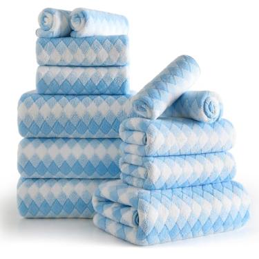Imagem de Conjunto de 12 toalhas de diamante branco azul - 4 toalhas de banho, 4 toalhas de mão, 4 toalhas de poliéster macio com laço absorvente toalha de banho toalha de praia de secagem rápida toalhas de
