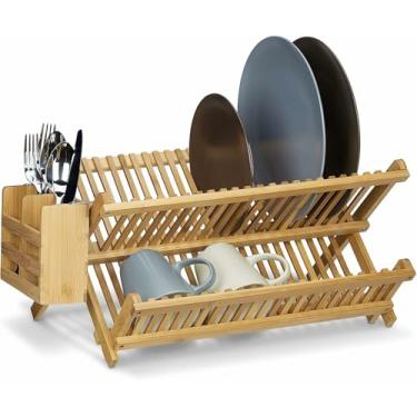 Imagem de Drenador de Talheres Plegável Bambú com Cesto Utensílio Cozinha Colapsível para Pratos e Utensílios Econômico em Espaço Separado resistente Suporte Se