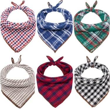 Imagem de Bandanas para cães – 6 peças de presente de aniversário lavável verde preto marrom azul vermelho bandana estampa quadrada xadrez cachorro babador duplo reversível cachecol cachecol acessórios ajustáveis para cachorro pequeno a grande filhote gato