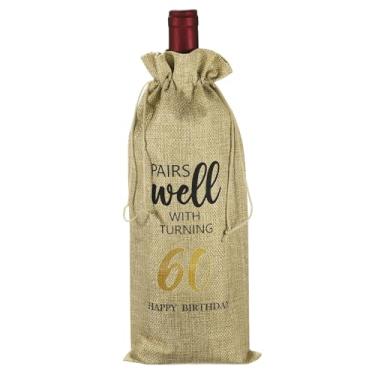 Imagem de PATIKIL Saco de garrafa de vinho para presente de aniversário de 60 anos de 15 x 35 cm, 1 pacote reutilizável para decoração de vinho com cordão para festas de chá de amigos, bege