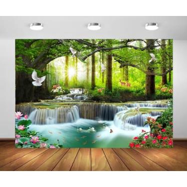 Imagem de CHNYWORK 2,1 m x 1,5 m cenário pitoresco de cachoeira paisagem de fantasia selva cascata natureza foto fundo verde água cisnes brancas pombo lótus flores primavera jardim para parede mural foto