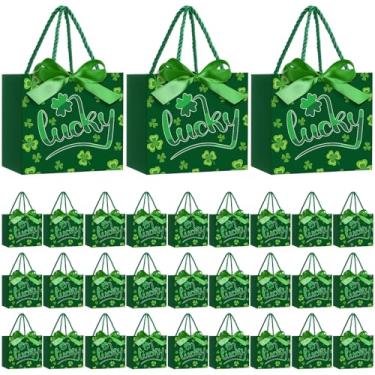 Imagem de Moinchore 30 sacos de presente de papel de Dia de São Patrício a granel 14 x 12 x 6 cm mini sacos verdes da sorte com alças fita de laço para festa