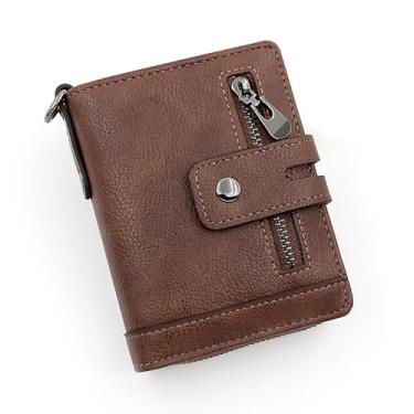 Imagem de Carteira masculina com zíper, carteira retrô dobrável multifuncional de couro sintético com bolso para moedas, porta-cartão de crédito, 7 compartimentos para cartão, grande capacidade, Café, Retrô