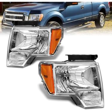 Imagem de AS Para Ford F150 2009 2010 2011 2012 2013 2014 Conjunto de farol de captador compatível com Ford F150 09-14 Lente transparente cromada com refletor âmbar e lado do passageiro