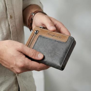 Imagem de Carteira masculina retrô curta – Carteira masculina de couro sintético com zíper, carteiras modernas para dinheiro e cartões, carteiras masculinas cinza, presente para pai, namorado, presente ideal