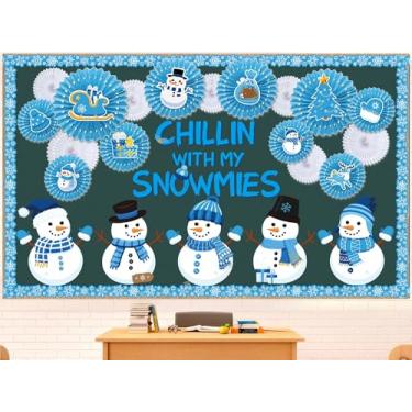Imagem de Pasimy Conjunto de quadro de avisos de inverno, decorações de sala de aula, país das maravilhas floco de neve, pinguim, boneco de neve, recortes de gnomo, postagem de fotos, faça você mesmo
