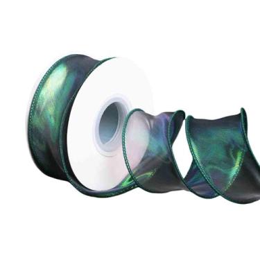 Imagem de MELADY Fita de tule de cauda de peixe iridescente - borda ondulada com fio de 3,8 cm x 10 metros, acabamento overlock para bordas de bolo, embrulho de buquê, acessórios de cabelo e fabricação de laços