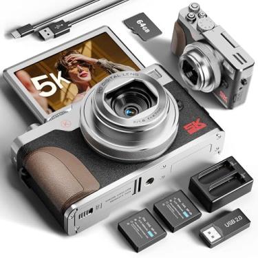 Imagem de Câmeras digitais de 64 MP para fotografia 5K - foco automático com zoom 18X, tela flip de 7.6 cm 180°, antivibração, cartão de 64 GB e 2 baterias, câmera compacta de vlogging para viagens YouTube