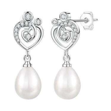 Imagem de Brincos De Coração Em Prata Esterlina 925 Com Brilho, Com Pérola E Dia
