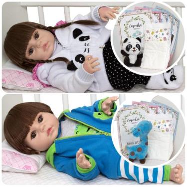 Imagem de Bebe Reborn Panda Jacarezinho Gêmeos 46cm Com Itens Enxoval - Cegonha 