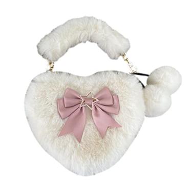 Imagem de Lolita Bolsa tiracolo de coração peludo feminina Kawaii fofa bolsa de ombro de pele sintética bolsa de mão com alça de corrente, Laço branco e rosa