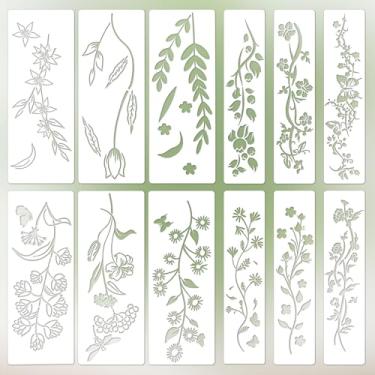 Imagem de 12 peças de estênceis de folhas grandes, estênceis de folhas e flores para pintura em paredes, modelos florais para tecido de lona de madeira, artesanato faça você mesmo, decoração de casa