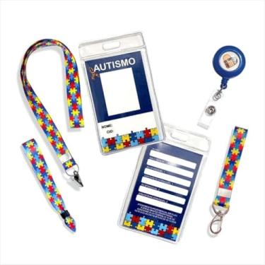 Imagem de Crachá de Identificação Autismo com Cordão Quebra Cabeça Porta Crachá Dupla Face Preenchimento Manual Trava de Segurança Autismo Neurodiversidade Chaveiro, Roller Clip, Pulseira KIT