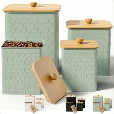 Imagem de Conjunto de 4 recipientes de cozinha para bancada - potes de cozinha de ferro texturizados com tampas herméticas - conjunto de recipientes de farinha de açúcar - recipientes de farinha e açúcar - pote