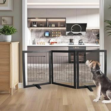 Imagem de Cerca interna para cães – portão independente de 3 painéis para portas, corredores, casa ou escadas - animal de estimação de madeira retrátil dobrável expansível de 152 x 60 cm da SFJC (preto)