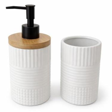 Imagem de Porta Sabonete Líquido Dispenser Porta Escovas Banheiro Lavabo de Cerâmica (Branco Bambu Abstrato)