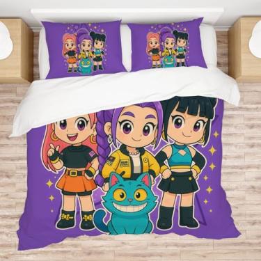 Imagem de Allenjoy Lindo conjunto de edredom de caçador coreano roxo anime com 2 fronhas para meninas, adolescentes, meninas, quarto de bebê, lavável à máquina, durável, tamanho casal