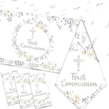 Imagem de Decorações de toalha de mesa First Communion, 3 peças de toalhas de mesa prata God Bless Batismo, capa de mesa de batismo de primeira comunhão para chá de bebê, decoração de batismo de primeira