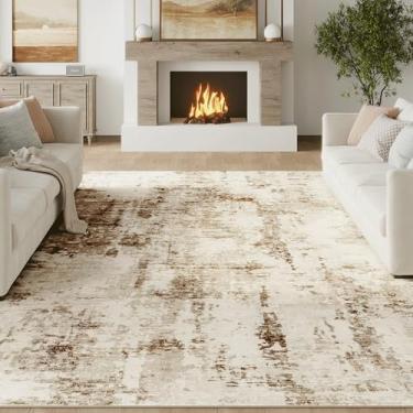 Imagem de FMFUNCTEX Tapete de área abstrata lavável 25,5 x 35,5 cm, marrom, bege, neutro, moderno, grande, antiderrapante, para sala de estar, quarto, com destaque para sala de estar, quarto, tapete baixo para