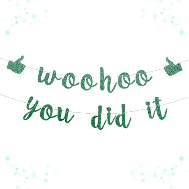 Imagem de Banner pré-amarrado Woohoo You Did It - Placa de felicitações com glitter para decorações de formatura 2026, promoção de trabalho, suprimentos para festa de aposentadoria, sem estamparia grande para
