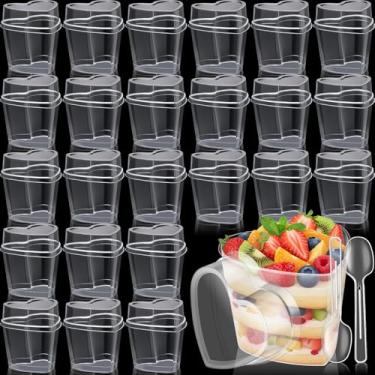 Imagem de Sliner Pacote com 24 copos de sobremesa de 142 g Dia dos Namorados em forma de coração com tampas e colheres recipiente de sobremesa de plástico tigelas em forma de coração descartável parfait pudim