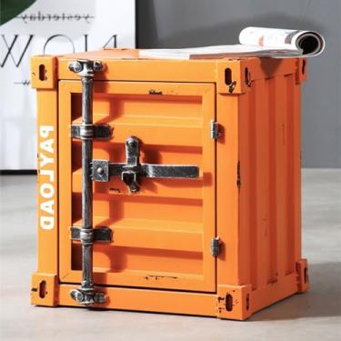 Imagem de Mesa lateral, armário de armazenamento estilo industrial retrô de metal, mesa de cabeceira estilo contêiner marítimo, mesa de cabeceira criativa, mesa de canto de ferro para quarto e sala de estar