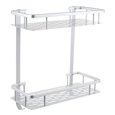 Imagem de Prateleira de Banheiro 2 Andares Montada na Parede sem Furaduras Portátil em Alumínio Alta Resistência Cesto Armazenamen
