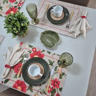 Imagem de Jogo Americano Dupla Face (kit de 6 lugares) Tecido Impermeável Floral Vermelho + 6 Porta Guardanapos | Mesa Posta