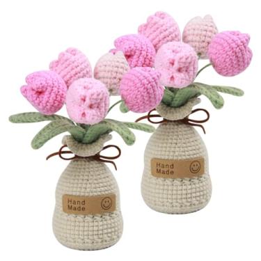 Imagem de VENTASOL Decoração de vaso de flores de tulipa tecida à mão – Planta de simulação de malha, lindo enfeite de mesa para escritório em casa, para mãe, dia dos namorados, aniversário