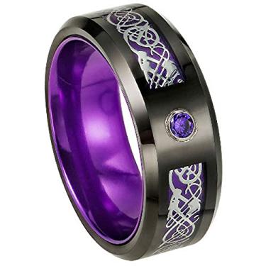 Imagem de AJZYX Aliança de noivado de carboneto de tungstênio de 8 mm para homens e mulheres, dragão celta, roxo, fibra de carbono e zircônia cúbica, ajuste confortável, tamanho 5-16, Metal, Sem pedra preciosa