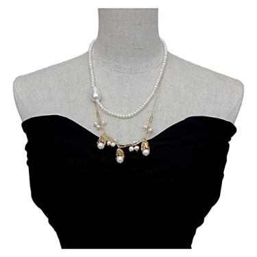 Imagem de DWBPGVUN Colar gargantilha com 2 fios de 4 a 5 mm e pérola branca Keshi 15 x 23 mm