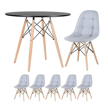 Imagem de Loft7 Home Decor, Kit Mesa Eames Eiffel 90 cm + 5 Cadeiras Estofadas Botonê - Cinza claro