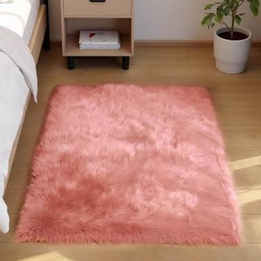 Imagem de Goolela Tapete felpudo rosa fofo para quarto de meninas, 7,5 x 12,5 cm, tapete felpudo de cabeceira para sala de jogos, dormitório, pelúcia macia retangular