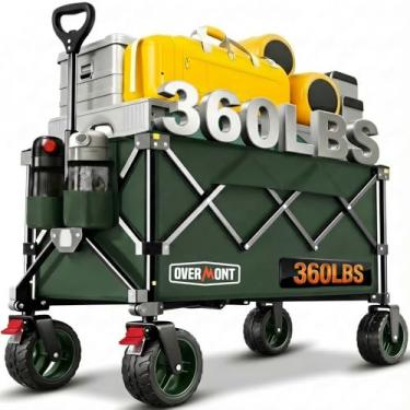 Imagem de Overmont Carrinho de praia dobrável com rodas - carrinho de jardim todo 150 l 150 kg com todo o terreno removíveis rodas grandes - carrinho de transporte dobrável com porta-copos per campismo compras