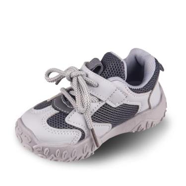 Imagem de Tênis para bebês meninas meninos branco caminhada descalço 18-24 meses tamanho 5 bico largo verão sola macia flexível dinossauro torcida tênis respirável futebol ao ar livre borracha tênis, M - cinza