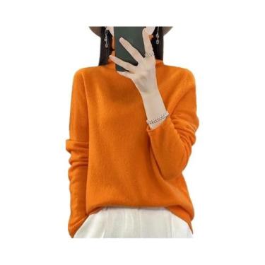 Imagem de Pulôver Elegante Feminino Em Lã Merino E Cashmere Com Gola Alta E Mang