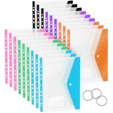 Imagem de Envelopes de plástico com botão de pressão e etiquetas, pastas expansíveis transparentes de 11 furos para fichários de 2/3/4, com 3 anéis de fichário, bolsas de documentos de folhas soltas (pacote com