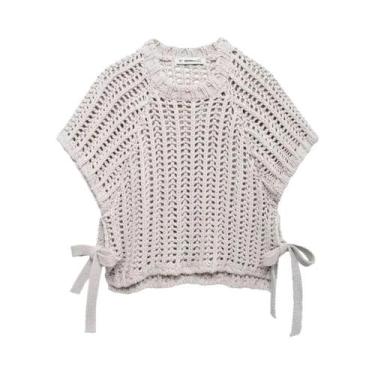 Imagem de Suéter Feminino De Tricô Grosso Cropped Com Gola O, Manga Curta, Detal