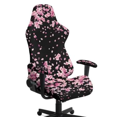 Imagem de Merkmak Capa para cadeira de jogos Cherry Blossom, 4 peças, capa para cadeira de computador, inclui encosto, assento e apoio de braço, capas de cadeira de escritório extensíveis para casa, loja, sala