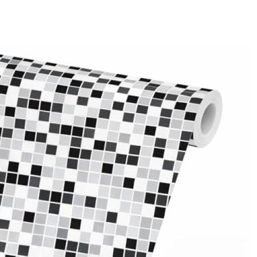 Imagem de Papel de Parede Adesivo 3D Autocolante, Padrão Pastilha Mosaico Preto Branco Cinza, 5 Metros x 45cm, para Sala Banheiro Cozinha