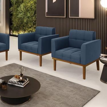 Imagem de Kit 2 Poltronas Decorativas Pés Fixo Em Madeira Castanho Suede Azul Marinho