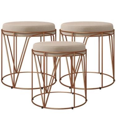 Imagem de Kit 03 Puffs Decorativo Aramado Bronze Zaya L02 Suede Bege