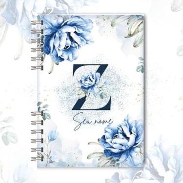 Imagem de Caderno A5 floral azul capa dura personalizado com inicial e nome, caderneta para anotações, caderno de anotações pautado ou sem pauta para estudo, organização e uso diário (Z)