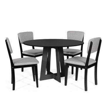 Imagem de Mesa De Jantar Redonda Montreal Preta Com 4 Cadeiras Estofadas Ella Preto/cinza Claro