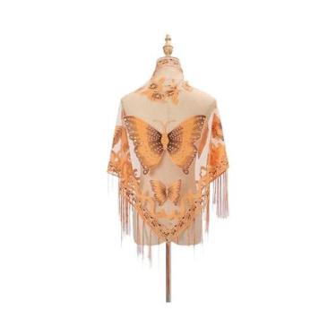 Imagem de Lenço Elegante Feminino Com Estampa De Borboleta E Renda, Cachecol De 