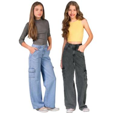Imagem de Kit 2 Wide Leg Jeans Feminino Infantil Menina Juvenil Calça Cargo - Ew