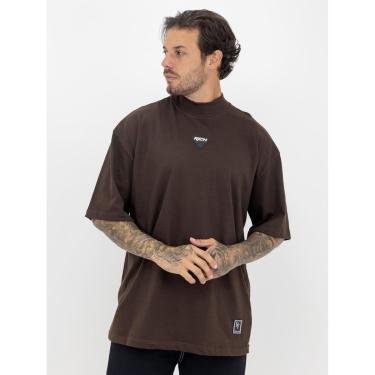 Imagem de Camiseta Oversized Gola Alta Borracha Triangulo Black White Streetwear Confortavel Masculina Marrom-Masculino