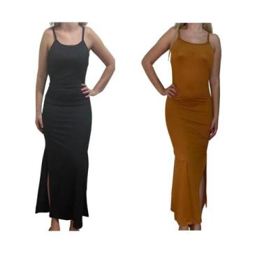 Imagem de KIT C/2 Vestidos Longo Canelado com Fenda - Emporio J, Preto, Caramelo