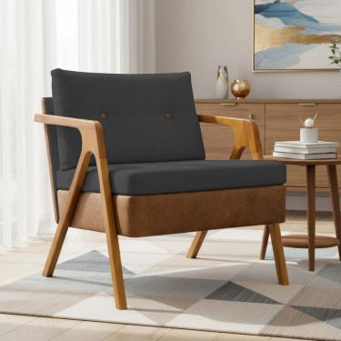 Imagem de Poltrona Decorativa Para Sala Recepção Consultório Escritório Cadeira Laura Corino Peroba com Linho